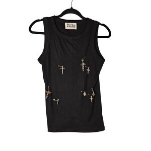 Skull‎ House Black Tank Top Devorative Safety Pins Cross Charms Womens L/XL Punk